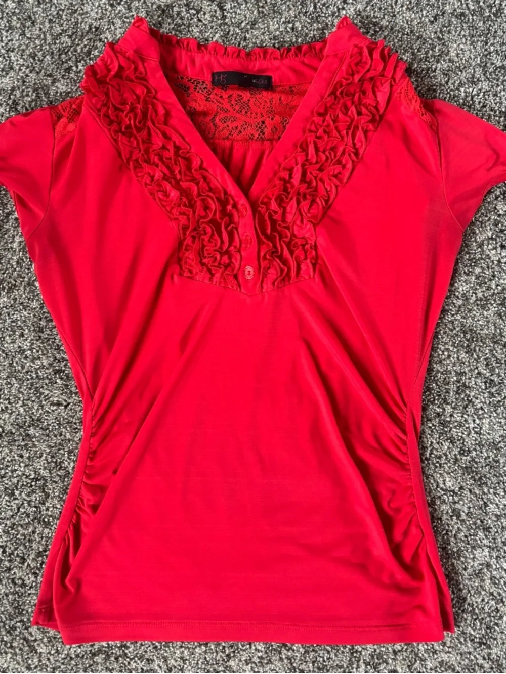 HeartSoul Red Ruffle V-Neck Lace-Back Blouse - Picture 1 of 4